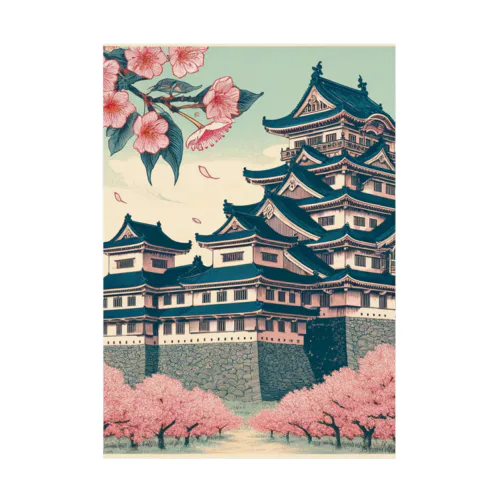 Spring in Himeji, Japan: Ukiyoe depictions of cherry blossoms and Himeji Castle Stickable Poster