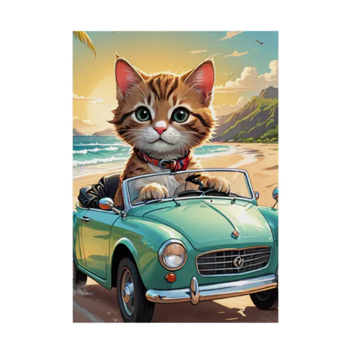 浜辺をドライブする子猫 吸着ポスター