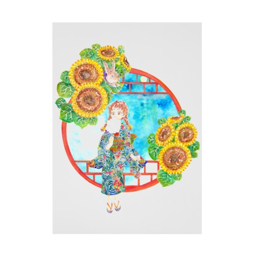 「窓際の夏」昼・向日葵縁・浴衣の女の子 Stickable Poster