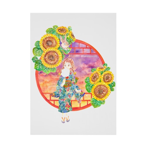 「窓際の夏」夕焼け・向日葵縁・浴衣の女の子 Stickable Poster