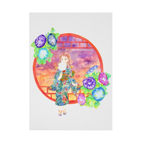 「窓際の夏」夕焼け・朝顔朝顔縁・浴衣の女の子 Stickable Poster