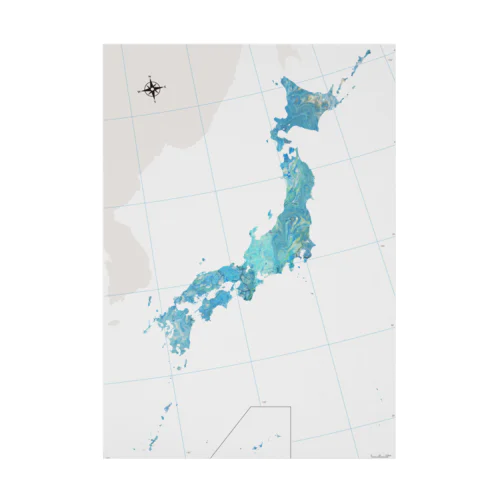 フルイドアート青の地図・日本 吸着ポスター