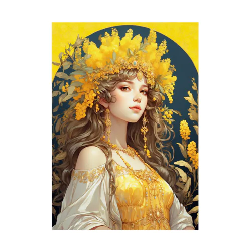 ミモザの花の妖精・精霊の少女の絵画 Stickable Poster