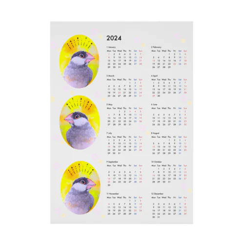 2024年カレンダー文鳥イラスト 吸着ポスター
