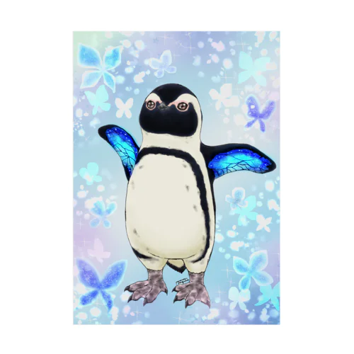 ケープペンギン「ちょうちょ追っかけてたの」(Blue) Stickable Poster