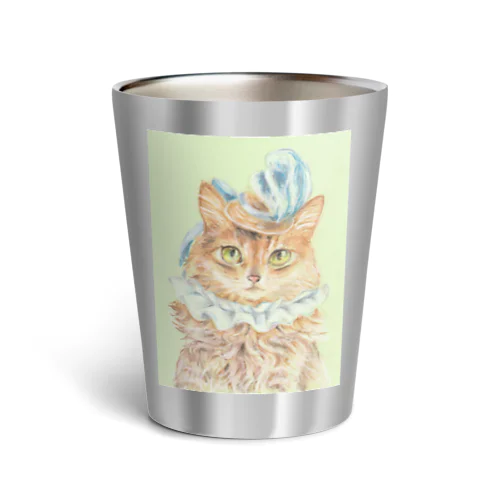 青い羽根飾りのついた麦わら帽子の猫　ミニパステル肖像画 Thermo Tumbler