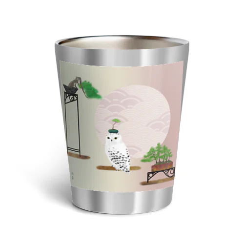 盆栽フクロウ　アールデコの部屋 小豆パープル×青海波 Thermo Tumbler