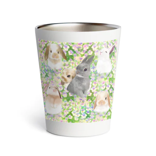 パンジーのお花畑とかわいいうさぎたちのシームレスパターンイラスト Thermo Tumbler