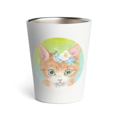 花飾りをつけた茶白猫ちゃん　ミニパステル肖像画 Thermo Tumbler