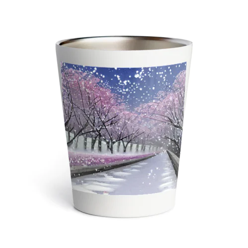 夜の桜並木に雪 Thermo Tumbler