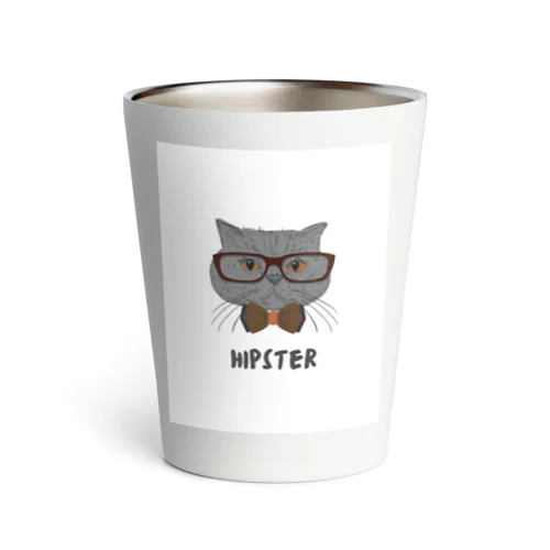 Grey Illustrated Cat Hipster T-Shirt Thermo Tumbler