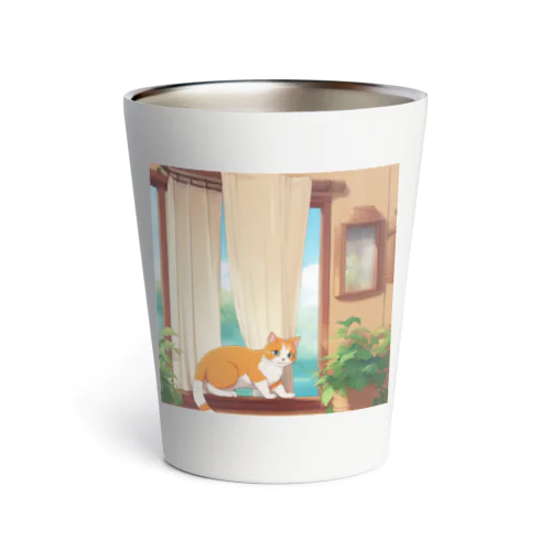 カーテンで遊んでいる猫 Thermo Tumbler