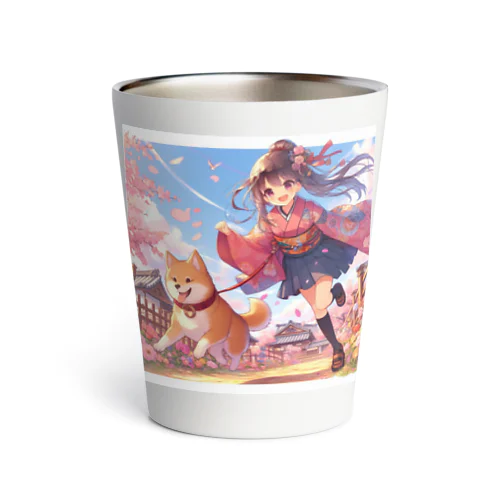 桜の中を犬と走る女の子 Thermo Tumbler