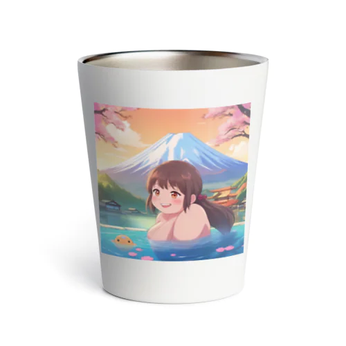 富士山絶景にある露天風呂のかわいい女の子 Thermo Tumbler