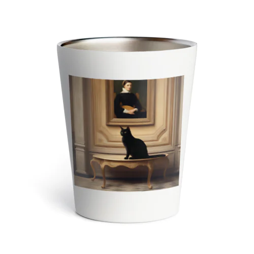 絵画をバックにたたずむ黒猫 Thermo Tumbler