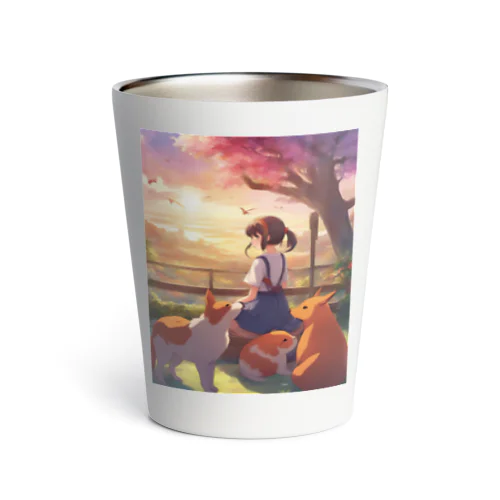 女の子と動物、眺める夕日 Thermo Tumbler