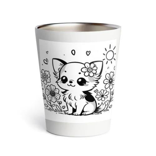 **お花の子犬のチワワ**モノクロ Thermo Tumbler