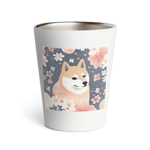 日本画風、柴犬と桜２-Japanese-style painting of a Shiba Inu with cherry blossoms 2 サーモタンブラー