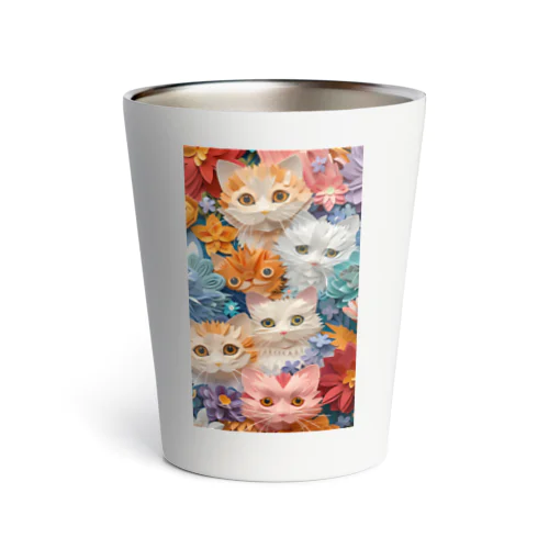 かわいい猫ちゃんたちが3Dの紙細工のように立体的に描かれたアート Thermo Tumbler