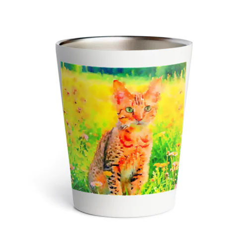 猫の水彩画/花畑のオシキャットねこのイラスト/キジトラネコ Thermo Tumbler