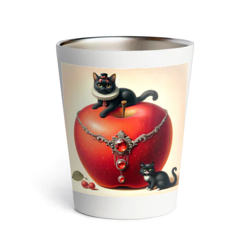 Elegant Apple with Black Cats and Intricate Necklace  -優雅なリンゴと黒猫と精巧なネックレス Thermo Tumbler