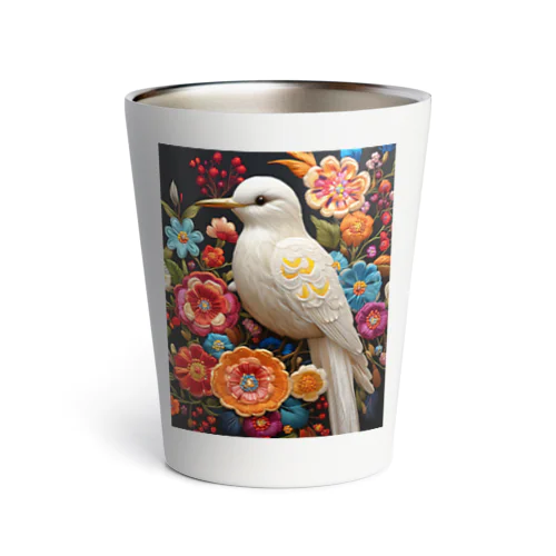 白い鳥さんとお花の刺繍 サーモタンブラー