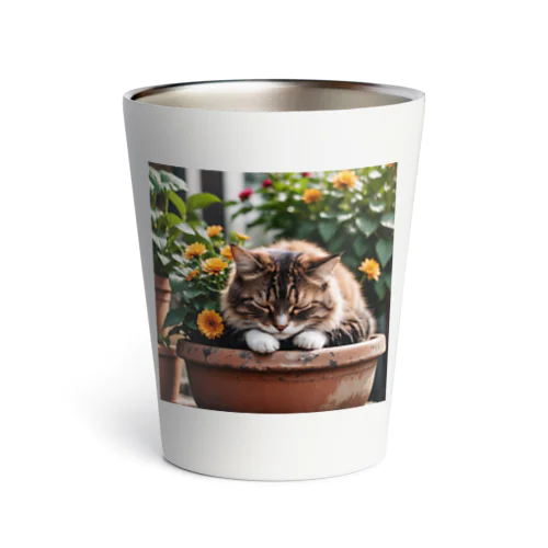 お花の上でくつろぐ猫 Thermo Tumbler