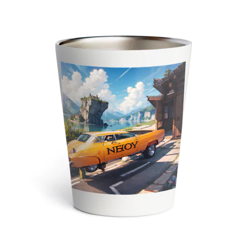00036-A vintage yellow car with the word NEBOY written on it. The car is parked in front of a wooden building and near a cl Thermo Tumbler