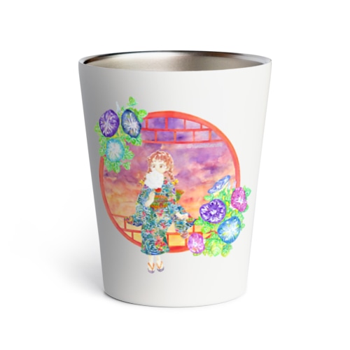 「窓際の夏」夕焼け・朝顔朝顔縁・浴衣の女の子 Thermo Tumbler