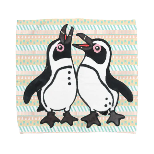 仲良く鳴き合うケープペンギン背景ありA Towel Handkerchief