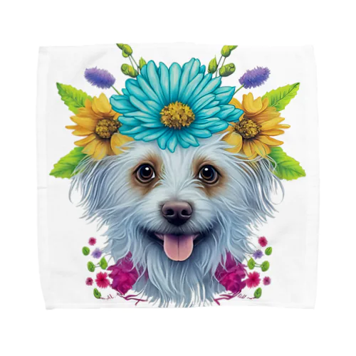 花柄のポメラニアン犬と子犬。 女の子と男の子への美しい贈り物。 タオルハンカチ