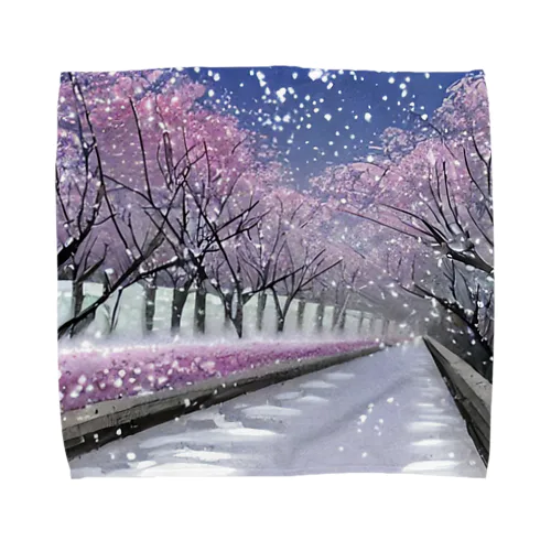 夜の桜並木に雪 Towel Handkerchief