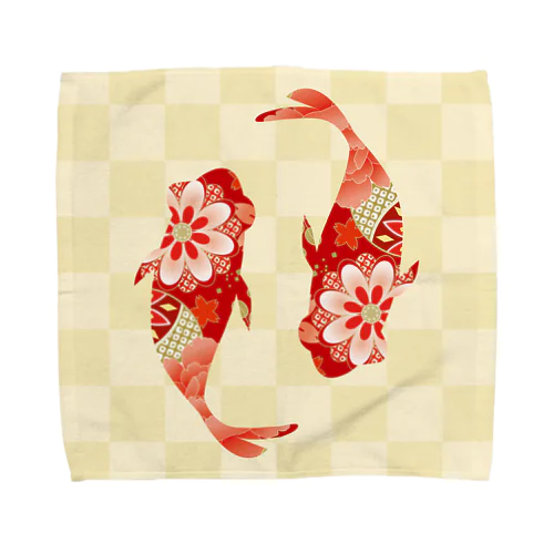 和柄・市松模様と金魚（赤） Towel Handkerchief