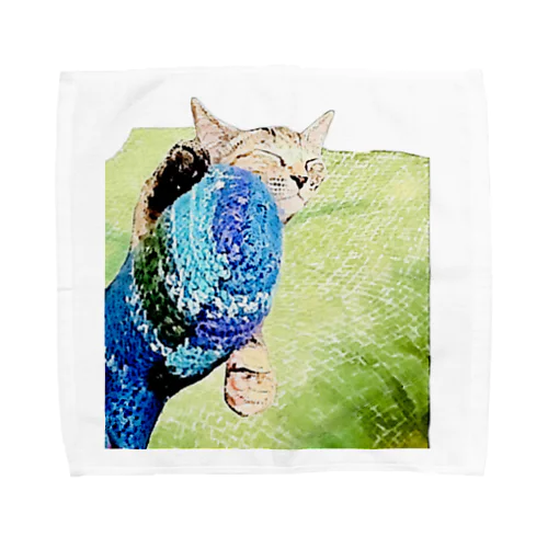 猫のコハクと編みぐるみ タオルハンカチ