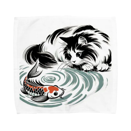 猫と鯉（水墨画風） Towel Handkerchief