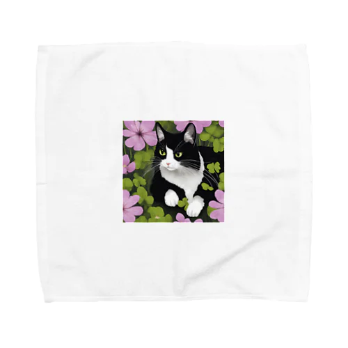 ハチワレ白黒猫とオキザリス Towel Handkerchief