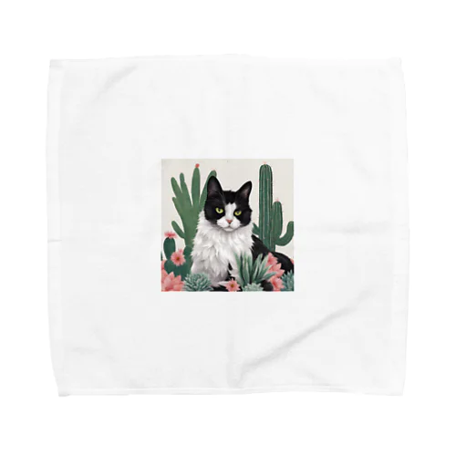ハチワレ白黒猫とサボテン Towel Handkerchief