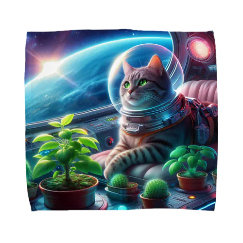 宇宙船で植物を育てながら宇宙旅行している猫 タオルハンカチ