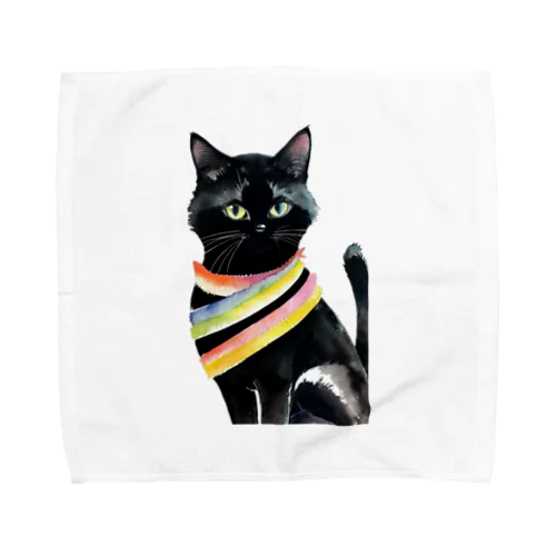 黒猫と虹の首輪 タオルハンカチ