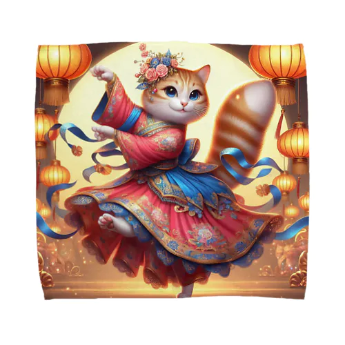 アジアの伝統的な舞踏を踊っている猫 タオルハンカチ