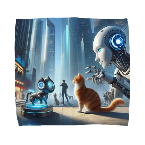 未来のロボットペットと友達になっている猫 Towel Handkerchief