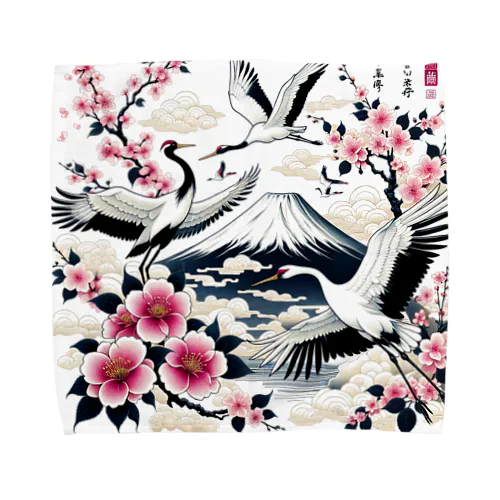 清楚な和の美 - 桜と鶴2 タオルハンカチ