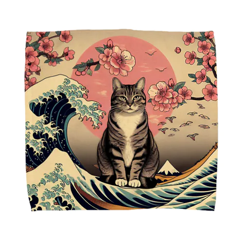 浮世絵猫　波桜 Towel Handkerchief