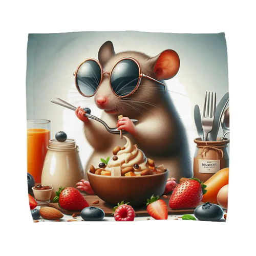 ネズミがサングラスをかけて、豪華な朝食タイム！ Towel Handkerchief