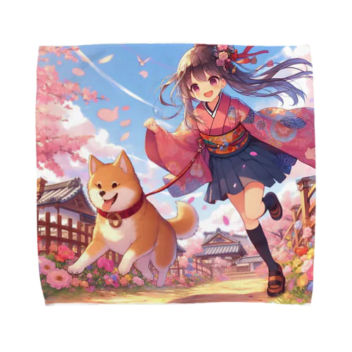 桜の中を犬と走る女の子 Towel Handkerchief