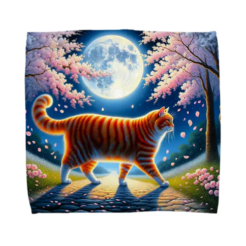 月夜の桜と虎猫 Towel Handkerchief