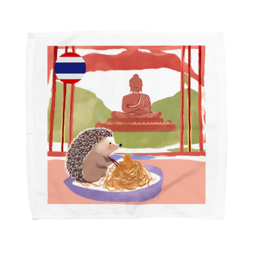 タイでパッタイを食べているハリネズミ タオルハンカチ