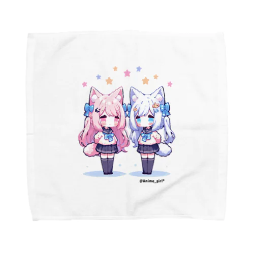 【Anime_girl*】Pixel art cat2girls pink×blue タオルハンカチ