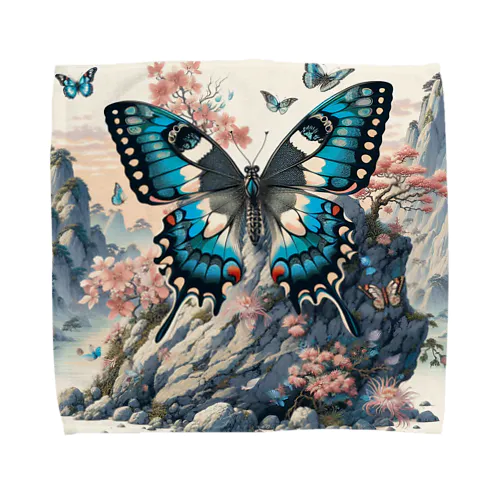 岩場の上で華やかに舞う蝶と咲き誇る花々 Towel Handkerchief