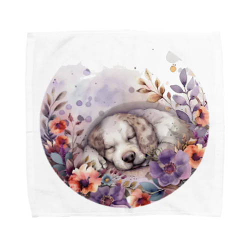 眠っている犬と優雅な花々 タオルハンカチ